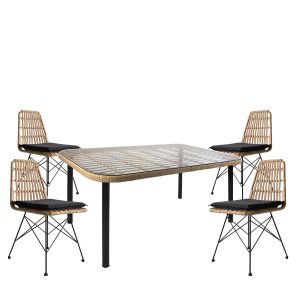 Σετ Τραπεζαρία Κήπου ArteLibre AMPIUS Μαύρο Μέταλλο/Rattan/Γυαλί Με 4 Καρέκλες 14990367