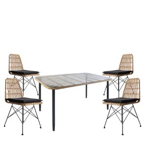 Σετ Τραπεζαρία Κήπου ArteLibre AMPIUS Μαύρο Μέταλλο/Rattan/Γυαλί Με 4 Καρέκλες 14990367