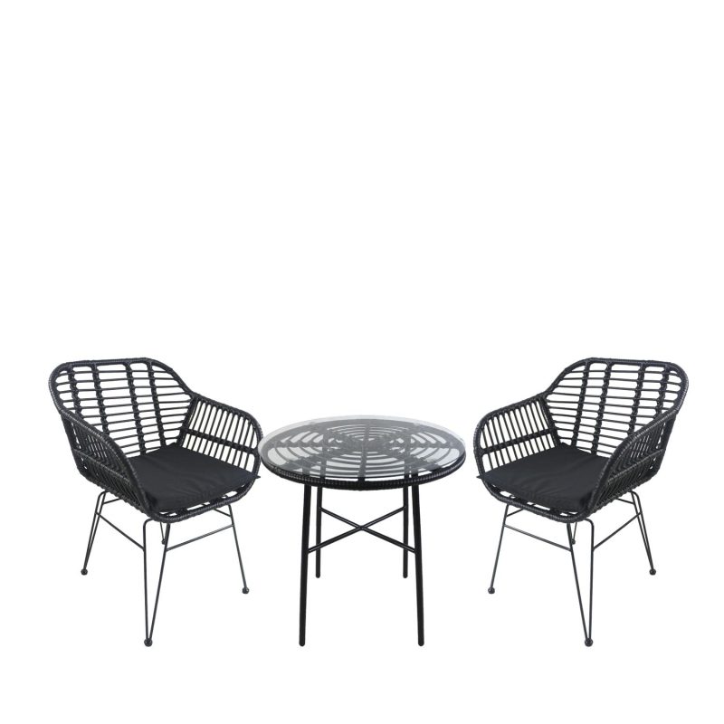 Σετ Τραπεζαρία Κήπου ArteLibre APPIUS Μαύρο Μέταλλο/Rattan/Γυαλί Με 2 Καρέκλες 14990382