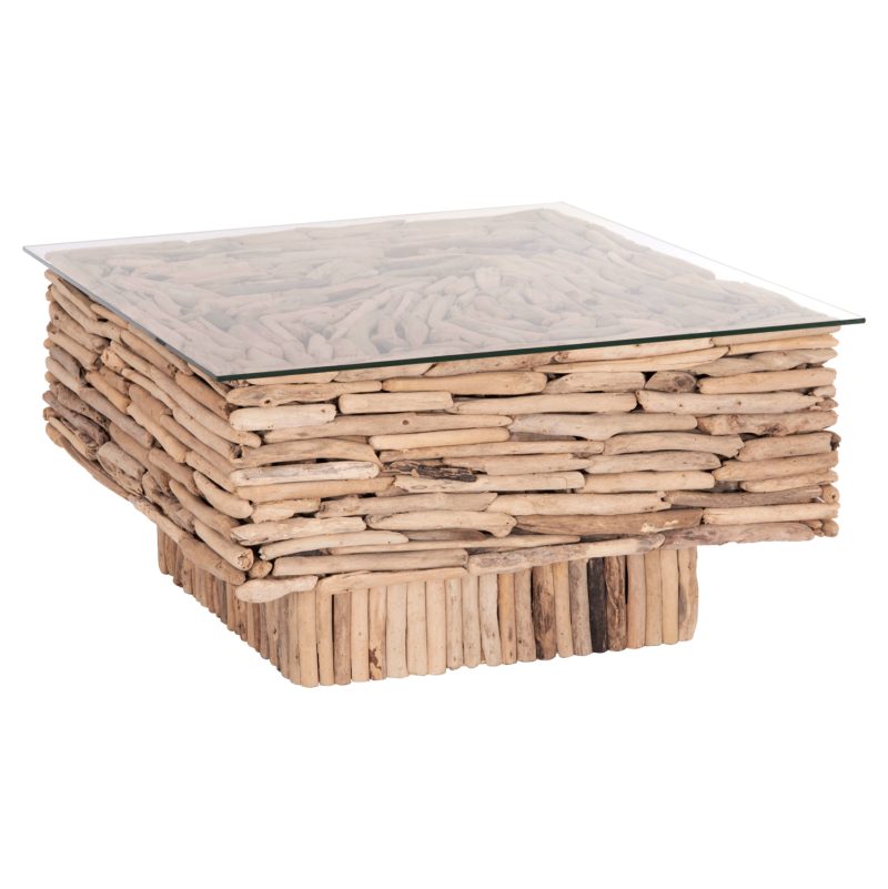 ΤΡΑΠΕΖΙ ΣΑΛΟΝΙΟΥ ΤΕΤΡΑΓΩΝΟ SPARROW HM9960 DRIFTWOOD--ΓΥΑΛΙ 95x95x51,5Υεκ.
